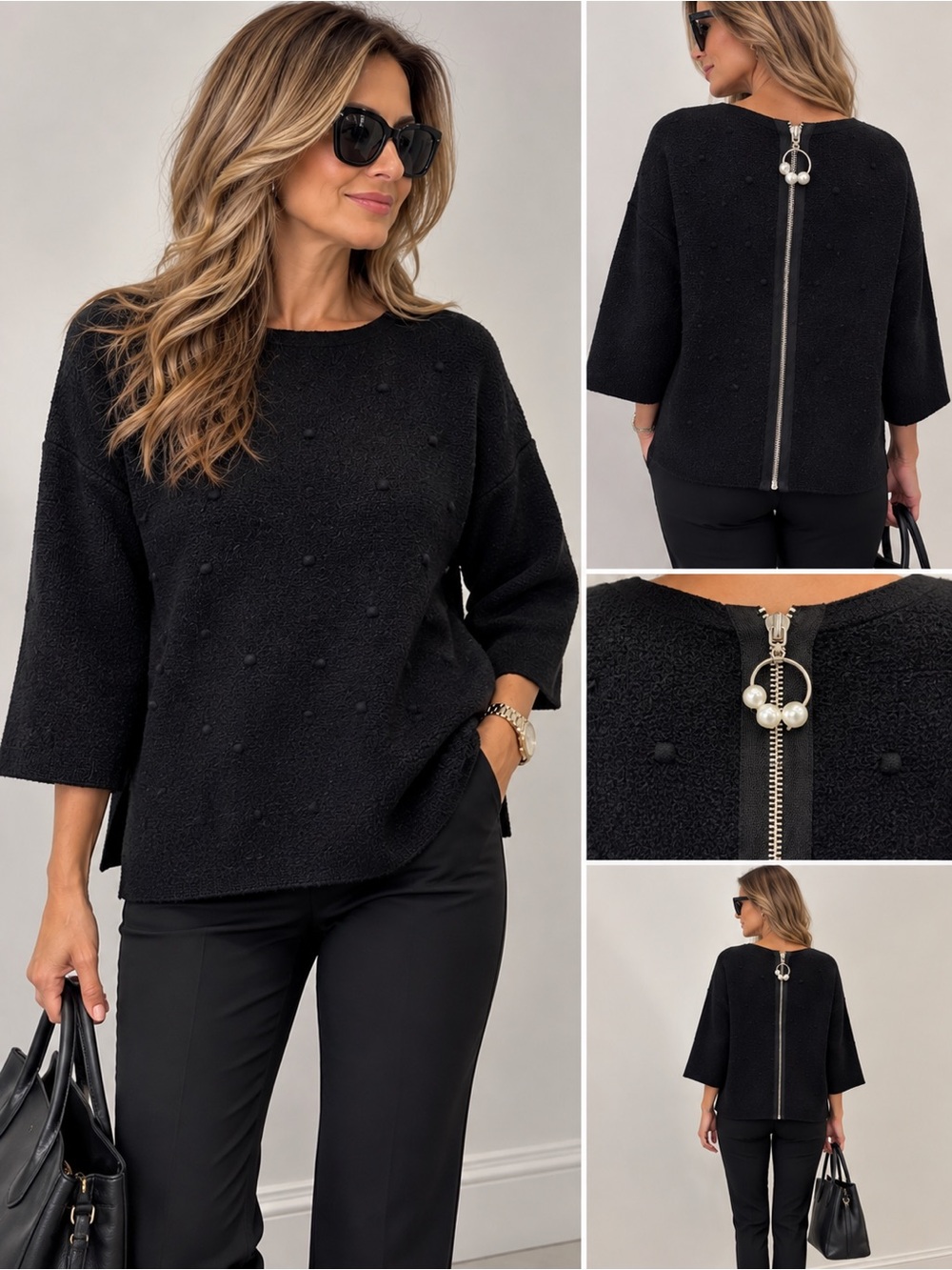 Black Textured Crewneck Sweater with Pearl-Accent Back Zip